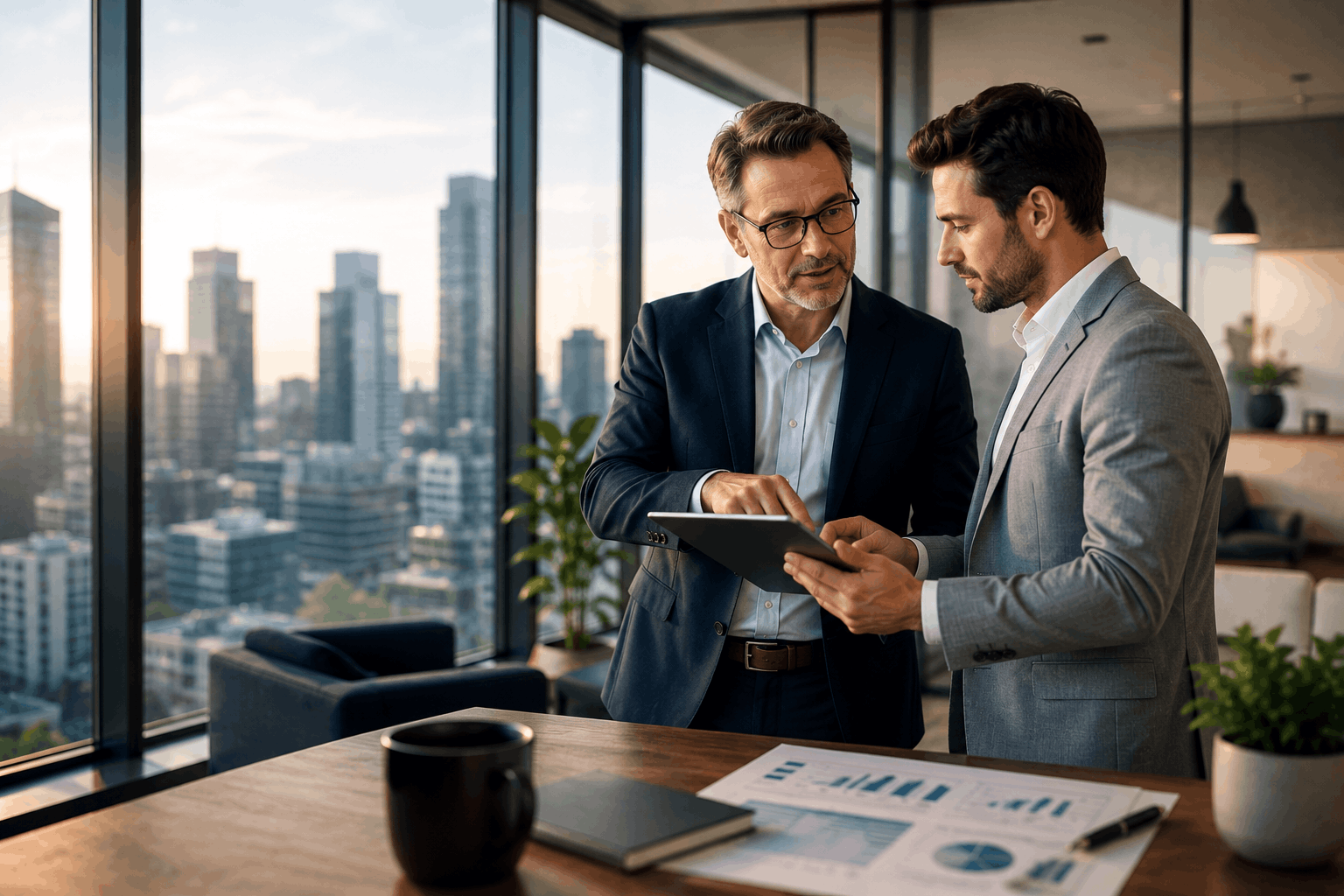 two business professionals discussing transactional transformation