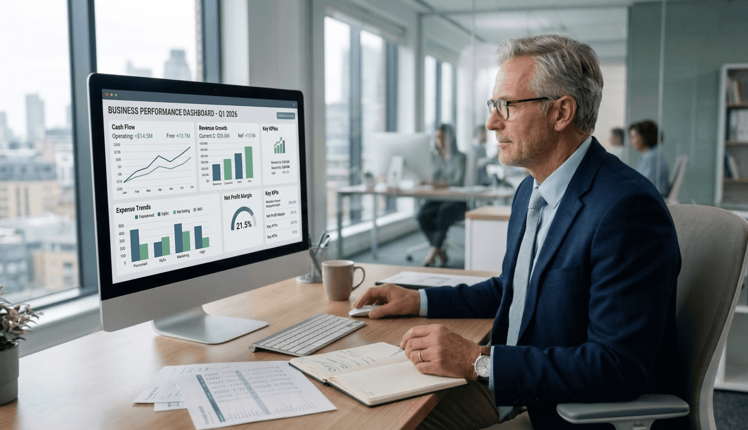 Professional reviewing financial dashboards and reports in a modern office, representing Outsourced Accounting Services and data-driven business financial management